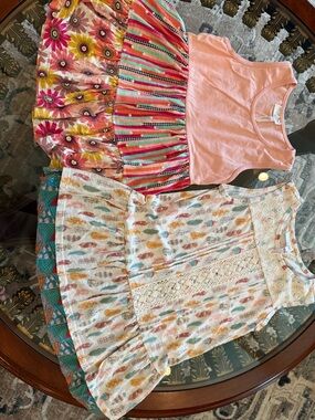 Girls Floral & Feather Printed Dress Set with Pink Tank